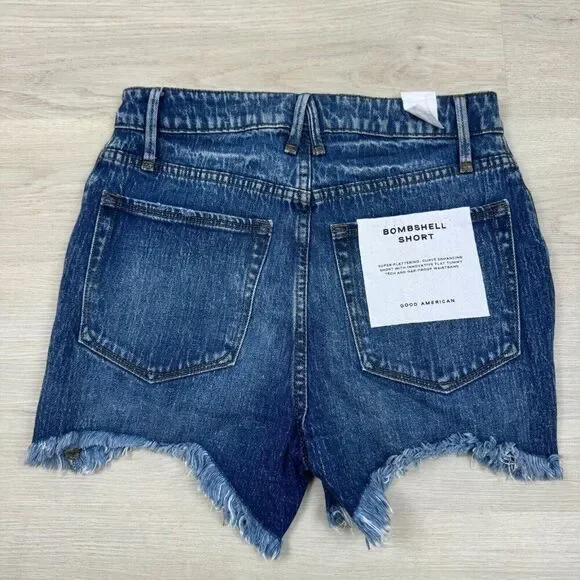 GOOD‎ AMERICAN Bombshell Shorrts Womens 2 26 High Rise Cut Off Denim - Picture 2 of 4